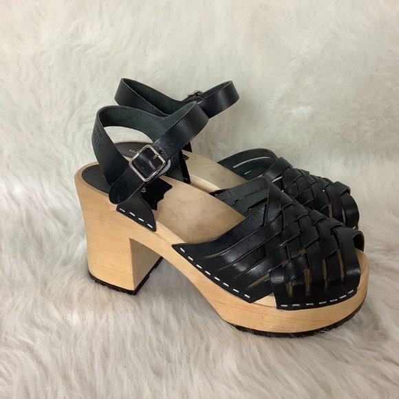 Swedish Hasbeens Shoes - Swedish Hasbeens Women's Black Braided Sky High Leather Platform Sandal